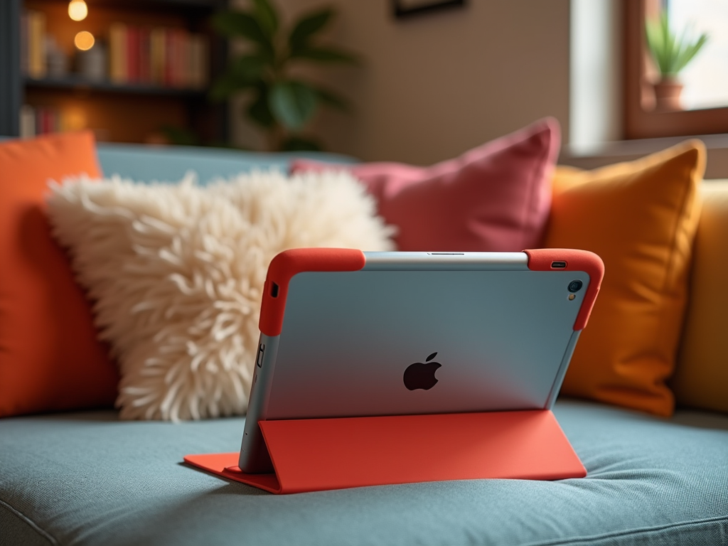 Tablet with red case on a couch, surrounded by colorful cushions, with a bookshelf in the background.