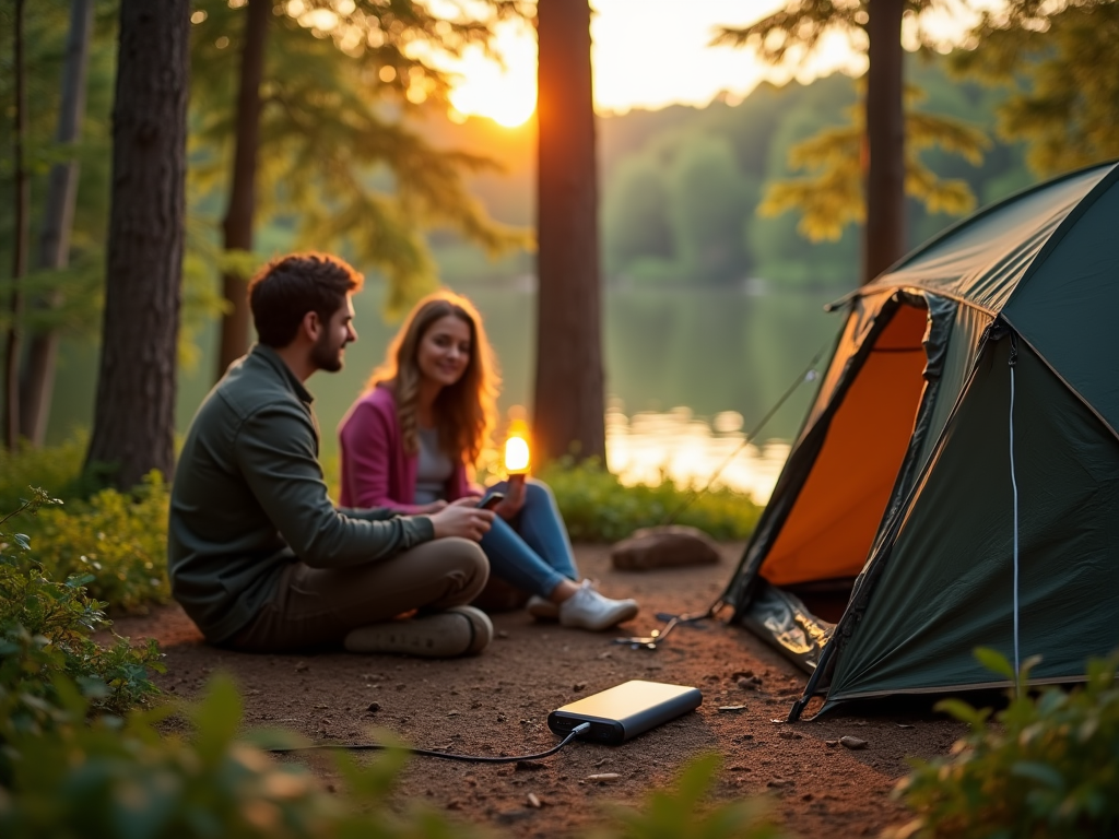 Couple sits by a tent at lakeside during sunset, enjoying a peaceful camping moment.