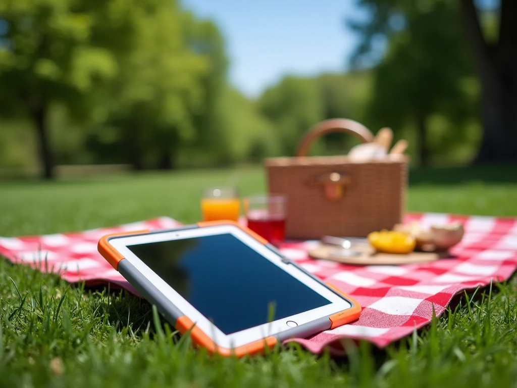 Picnic set up with a basket, food, and a tablet on a red checkered blanket in a park.