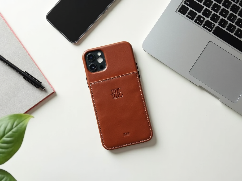 Brown leather smartphone case on a desk alongside a laptop, notebook, pen, and plant.