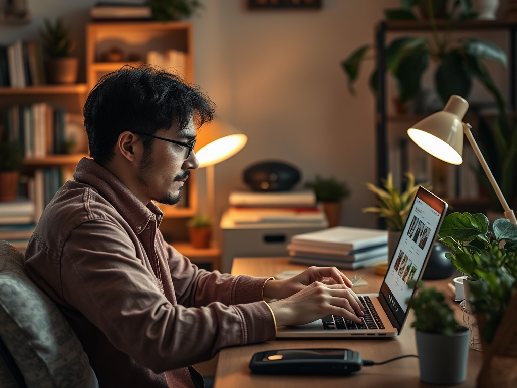 A man works on a laptop in a cozy, well-lit room filled with plants and books, focused on the screen.