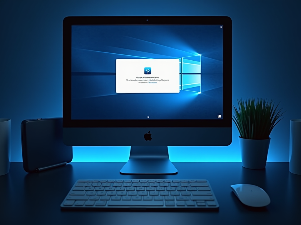 Computer desktop setup with a notification on the screen, illuminated by blue light.