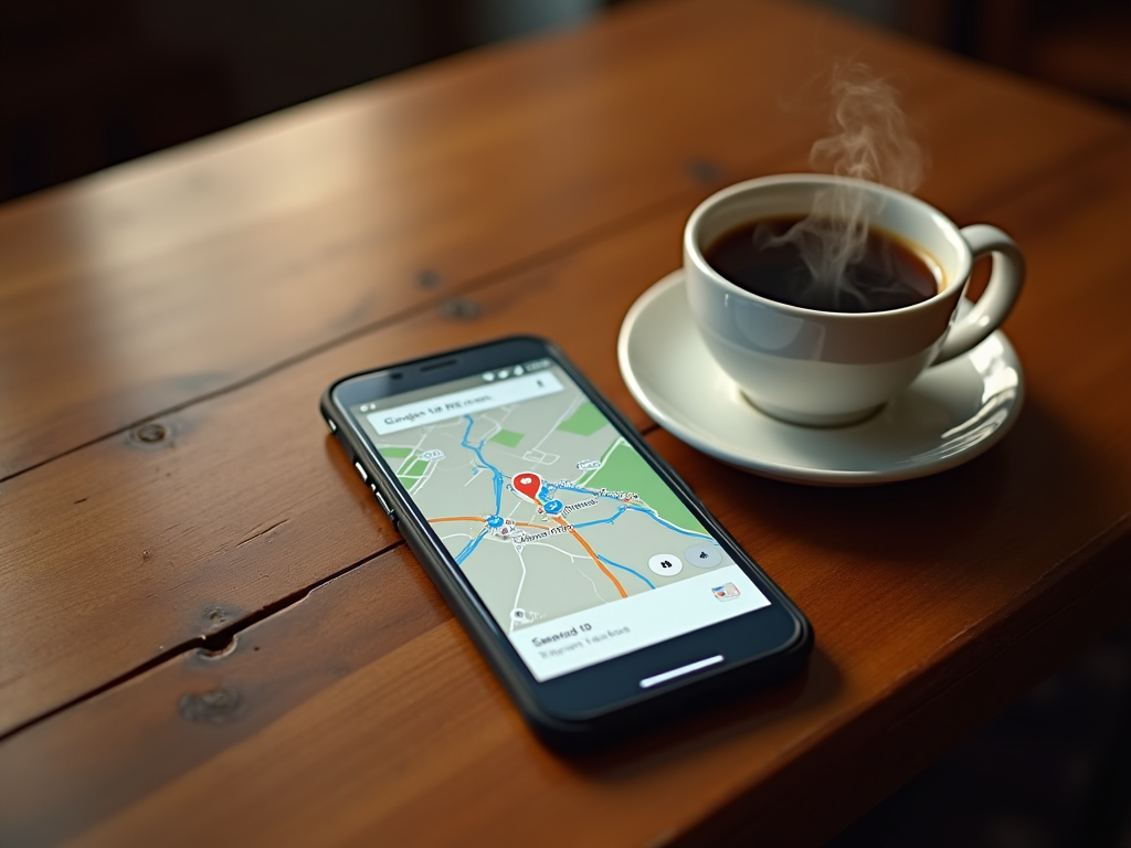 Smartphone with map app next to steaming coffee cup on wooden table.