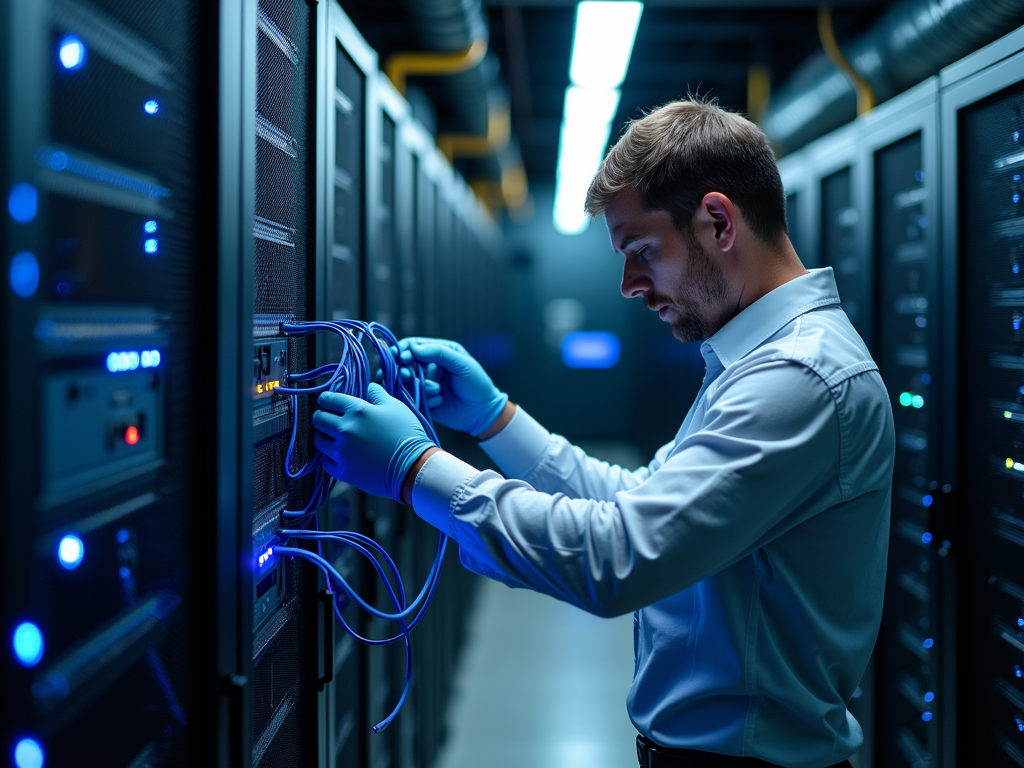 Technician in gloves organizing cables in a server room illuminated by blue lights.