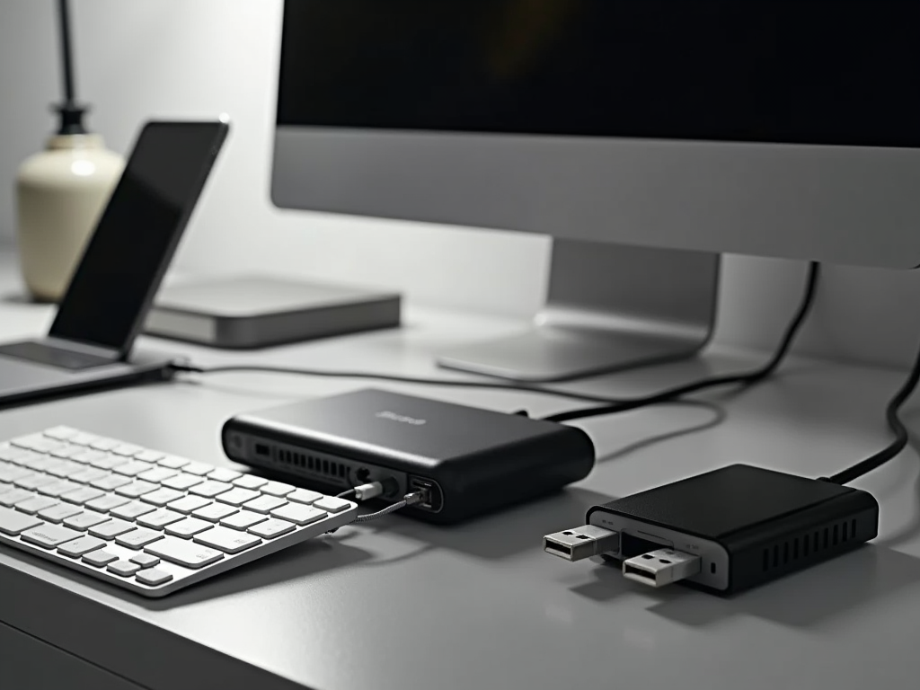 Modern office desk with computer, keyboard, smartphone, and external hard drives.