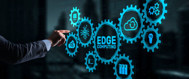 Person interacting with digital gears labeled "Edge Computing," highlighting interconnected technology services.