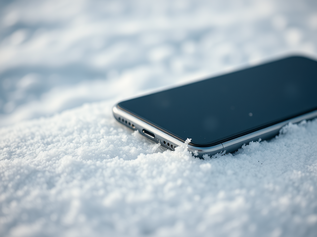 A smartphone lying on a bed of fresh, untouched snow, partially embedded in the icy surface.