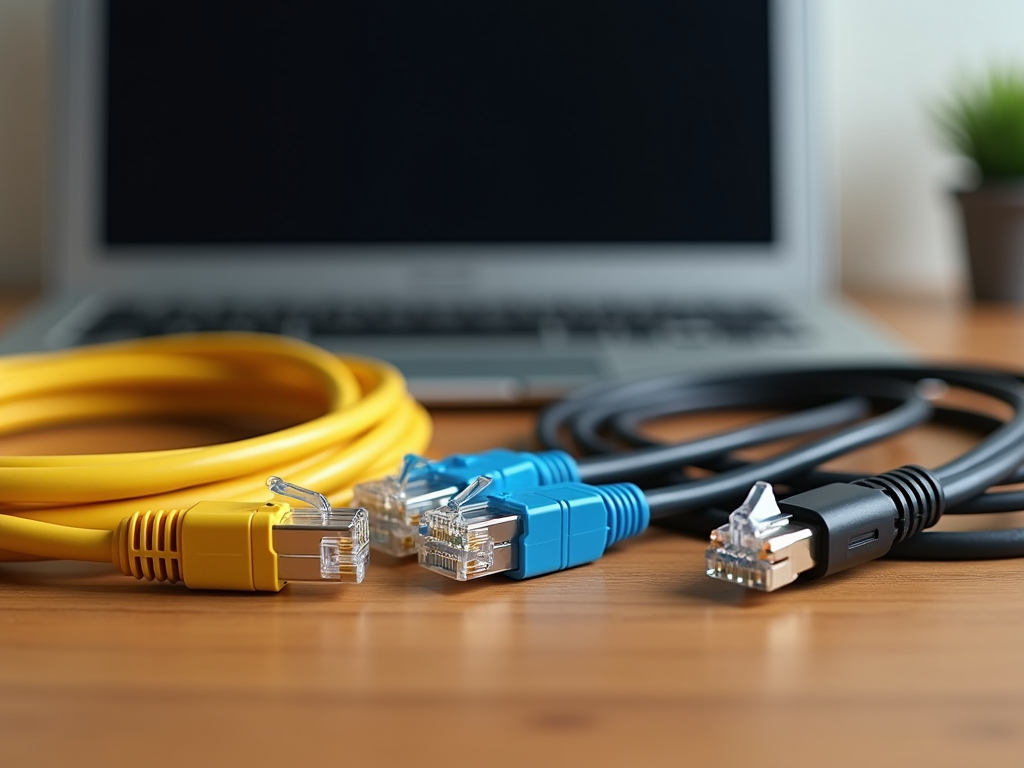 Ethernet cables and a USB cable on a desk in front of a closed laptop.