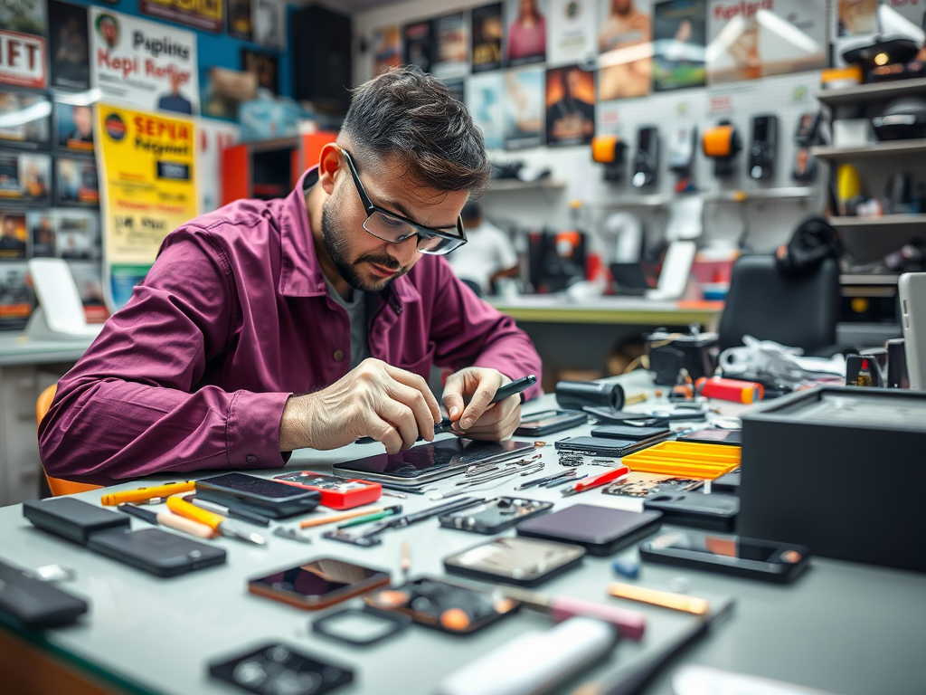 A technician in a maroon shirt repairs a device, surrounded by tools and components on a workbench.