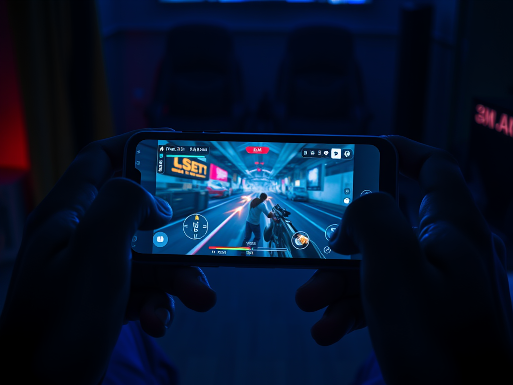 A person holding a smartphone, playing an intense action video game in a dimly lit room.