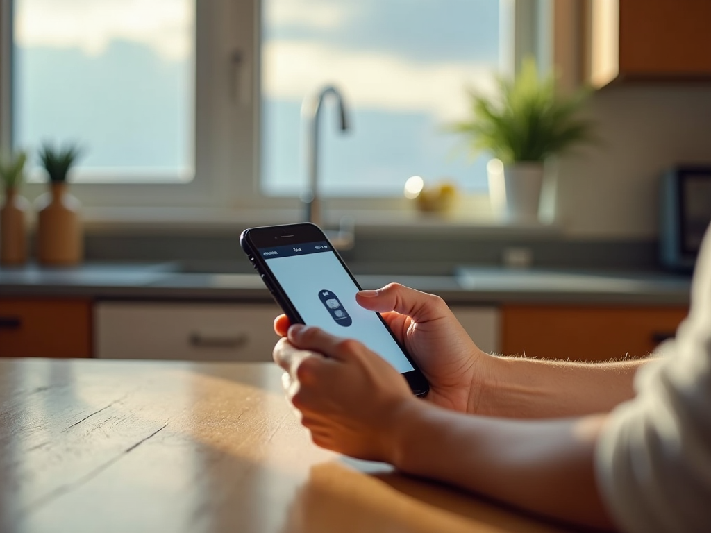 Person using smartphone in a sunny kitchen setting.