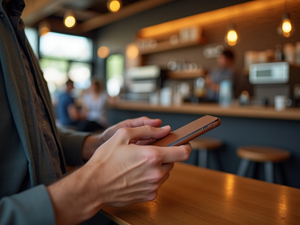 Close-up of hands using a smartphone in a busy café, with blurred customers in the background.