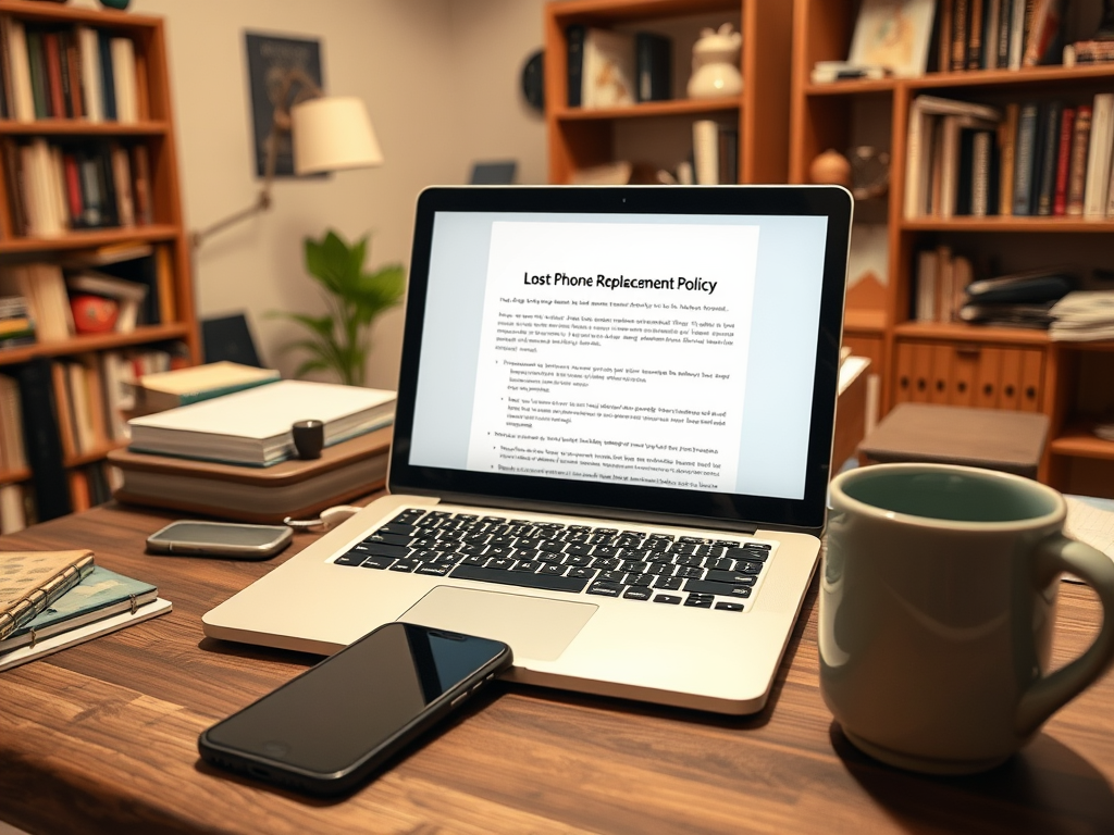 A laptop displaying a lost phone replacement policy, with a smartphone and a coffee cup on a wooden desk.