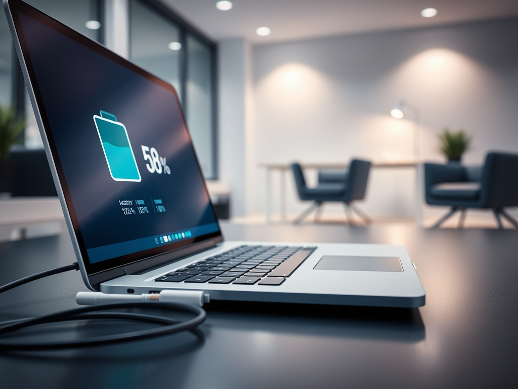 A laptop on a desk displays a battery charge of 58% in a modern, well-lit office environment.