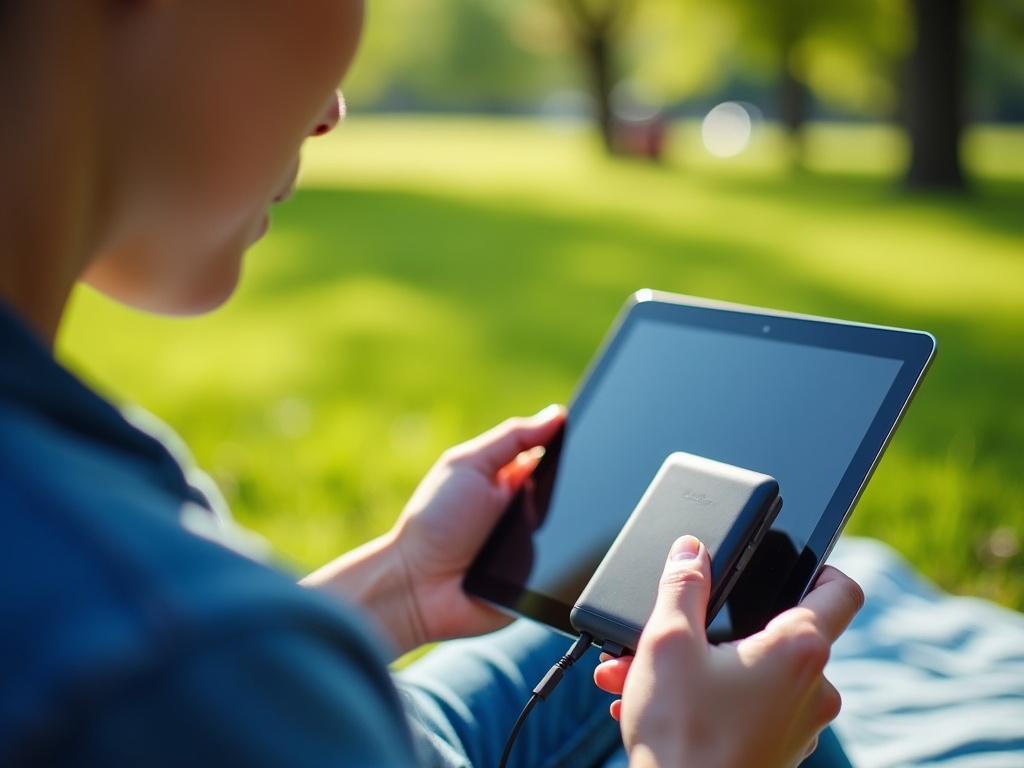 Person using a tablet and external battery in a sunny park.