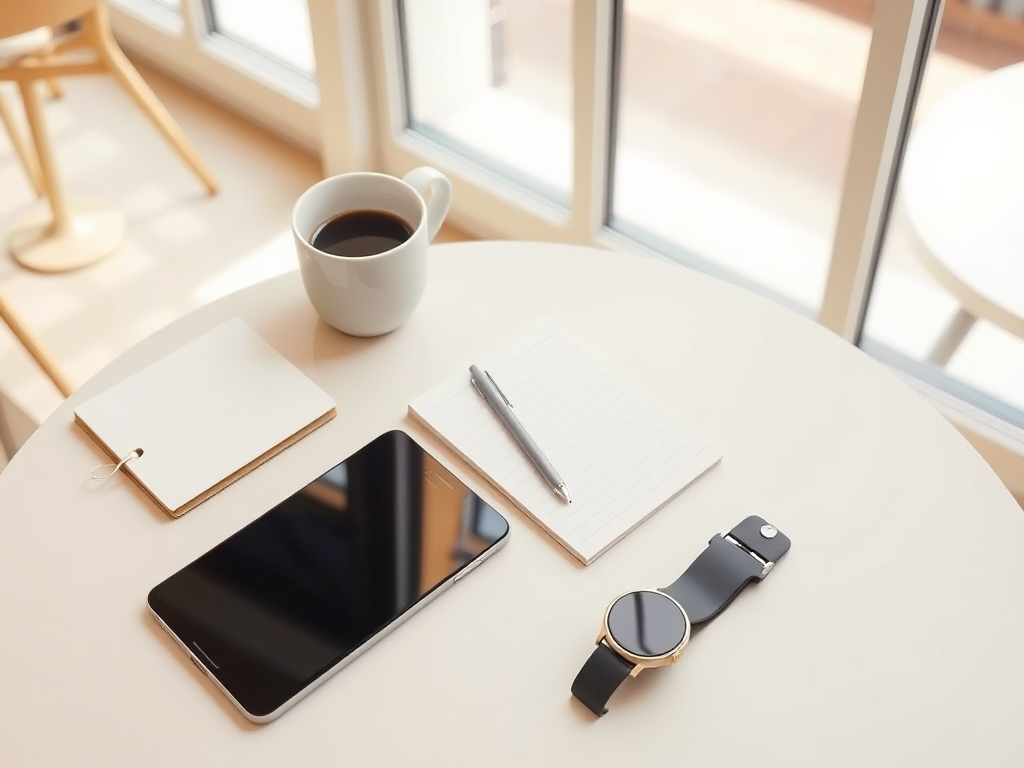 A coffee cup, notebook, pen, smartphone, and watch on a round table beside a window with natural light.