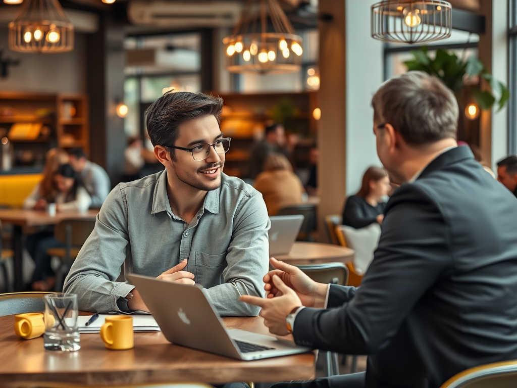 Two men are engaged in a conversation at a cafe, with laptops and drinks on the table. Busy atmosphere in the background.