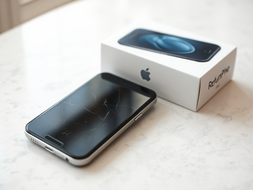 A cracked smartphone rests beside its box on a marble surface, showcasing the brand's logo on the packaging.