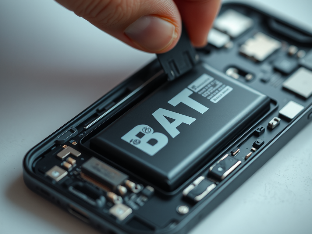 A hand is inserting a battery labeled "BAT" into a smartphone's internal components.