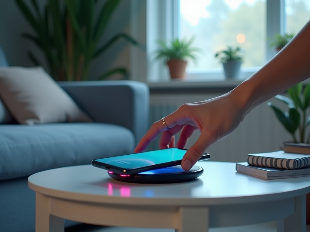 Person placing a smartphone on a wireless charging pad in a cozy living room.