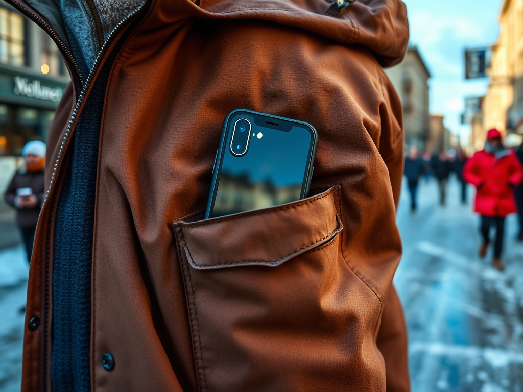 A smartphone is nestled in the pocket of a brown coat while people walk in the background on a bustling street.