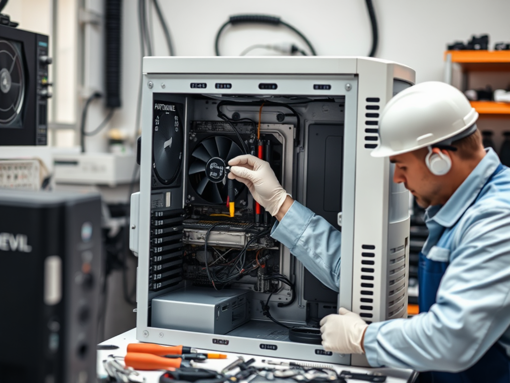 A technician in a hard hat repairs a computer, holding a tool while examining the internal components.