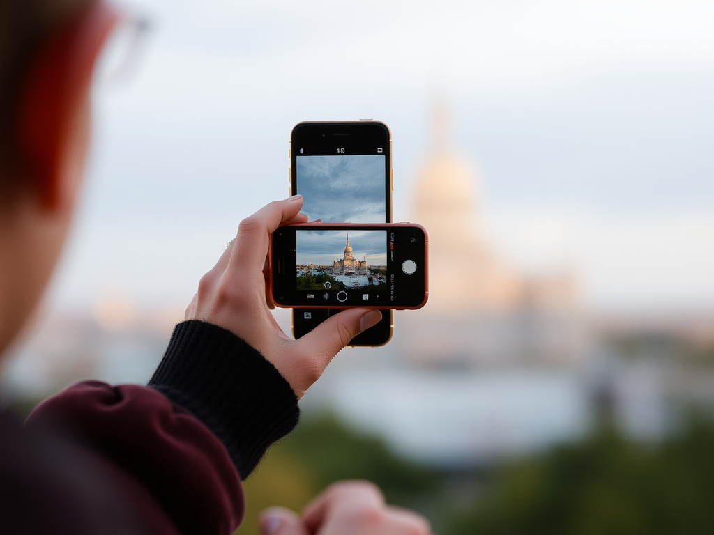 A person photographs a landmark using a smartphone while holding another phone displaying the same view.