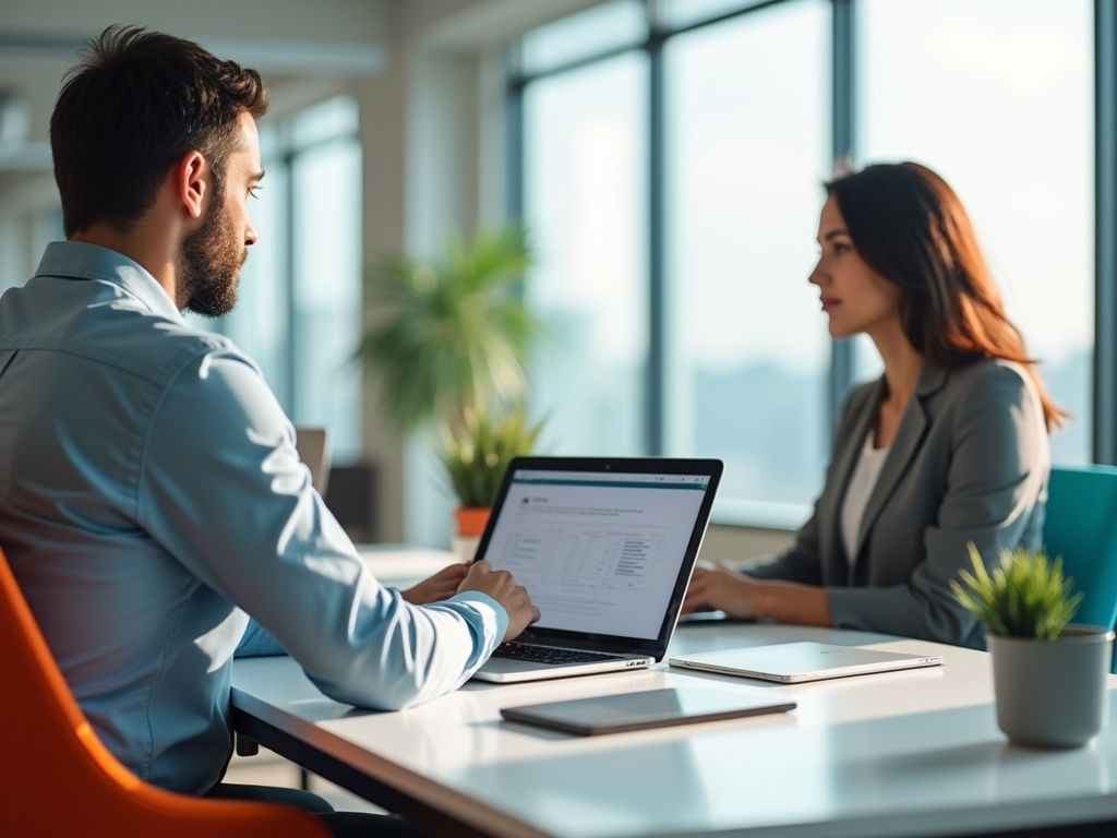 Two professionals, a man and a woman, discussing work in a brightly lit office with laptops open.