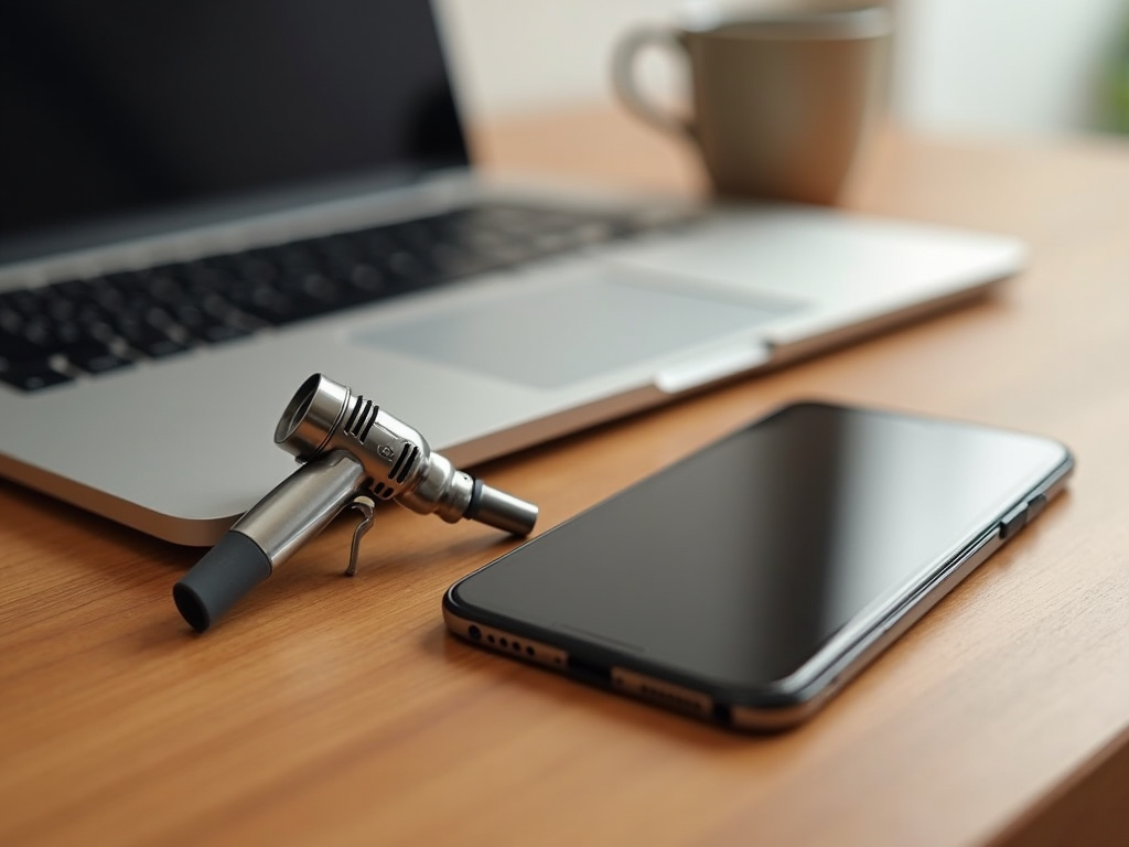 Laptop, small microphone, smartphone, and coffee mug on a wooden desk.