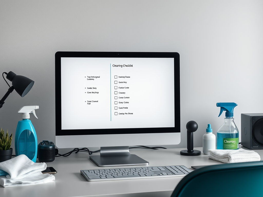 A desk with a computer displaying a cleaning checklist, surrounded by cleaning supplies and tools.