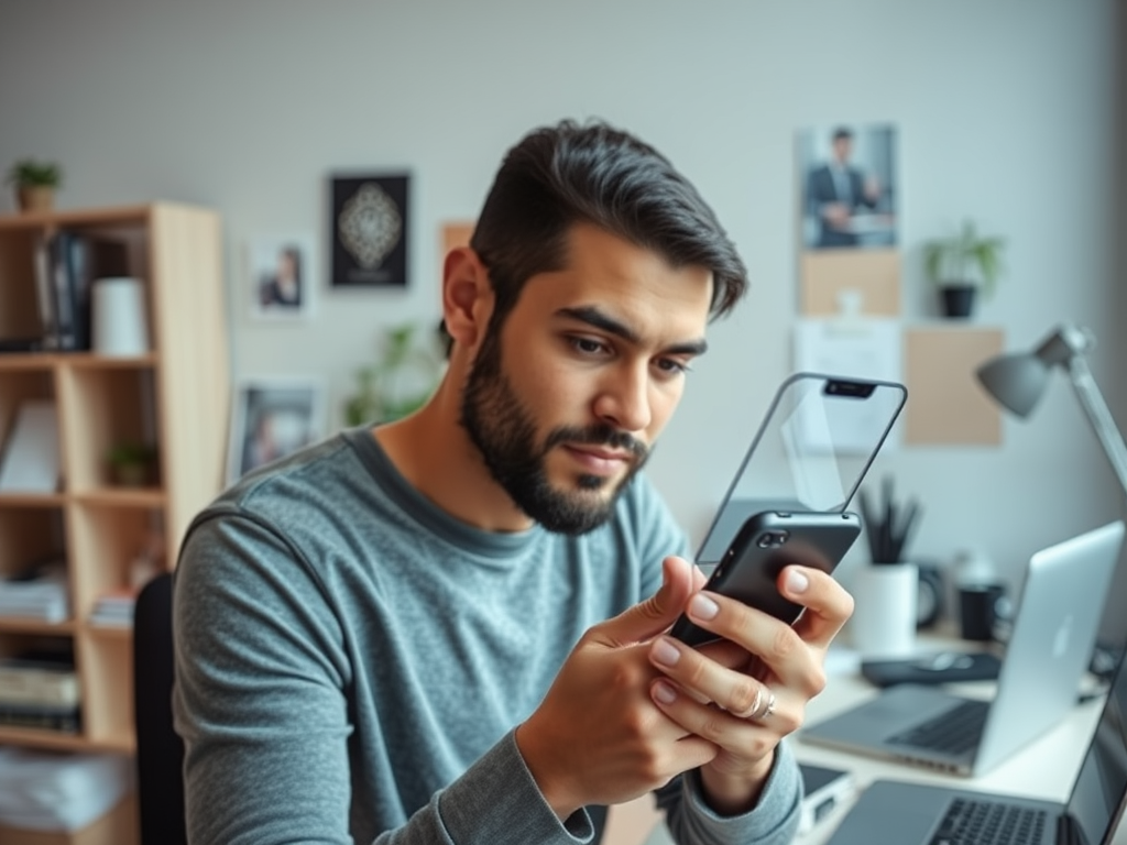 A man with a beard focuses on his smartphone in a cozy workspace filled with modern decor and two laptops.