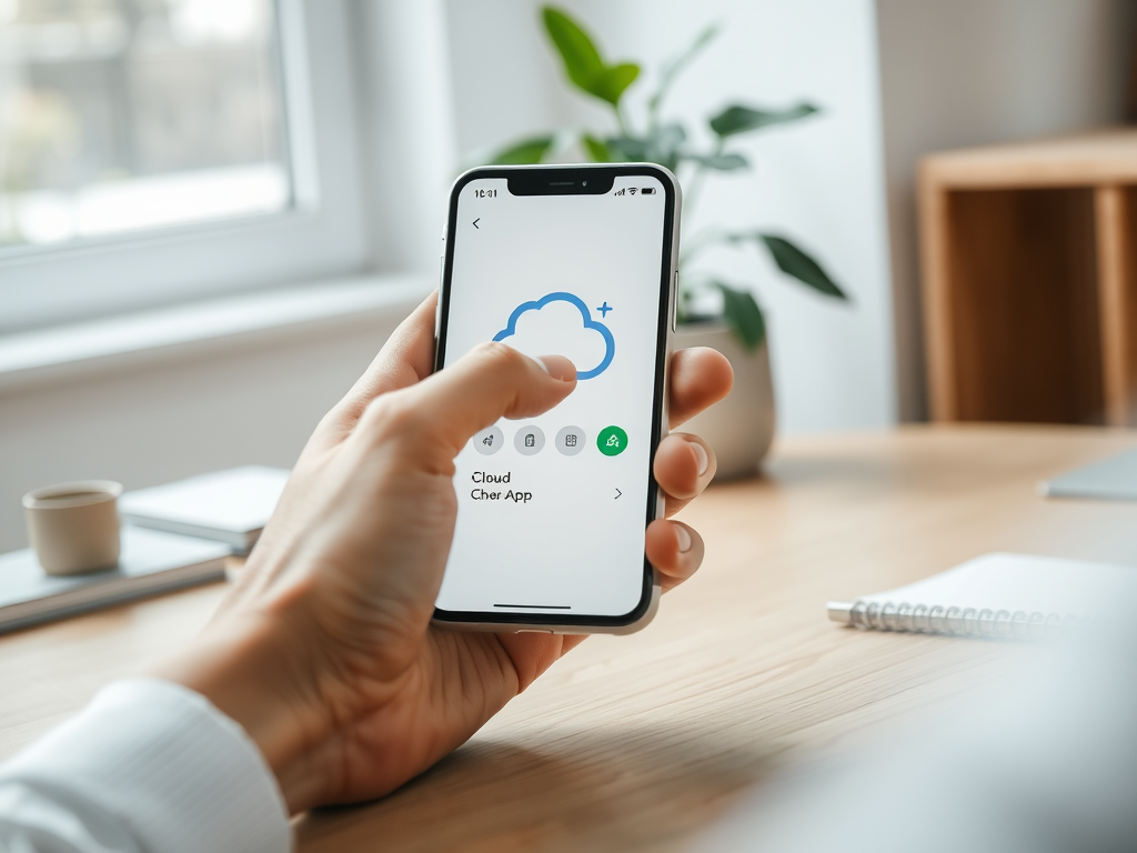 A person holds a smartphone displaying a cloud app interface, with a plant and notebook in the background.