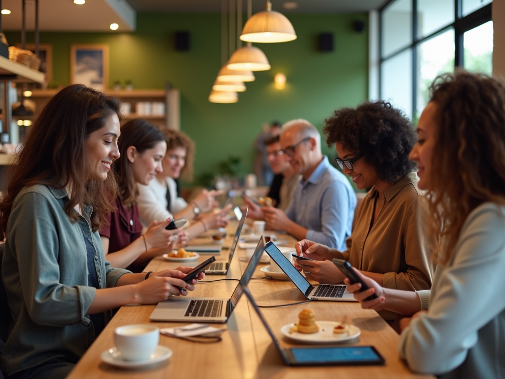 A diverse group of people using laptops and smartphones in a modern cafe setting.