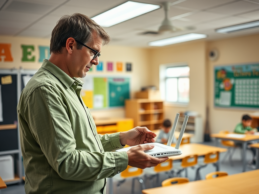 A teacher in a green shirt examines a router in a bright classroom with students working at desks.