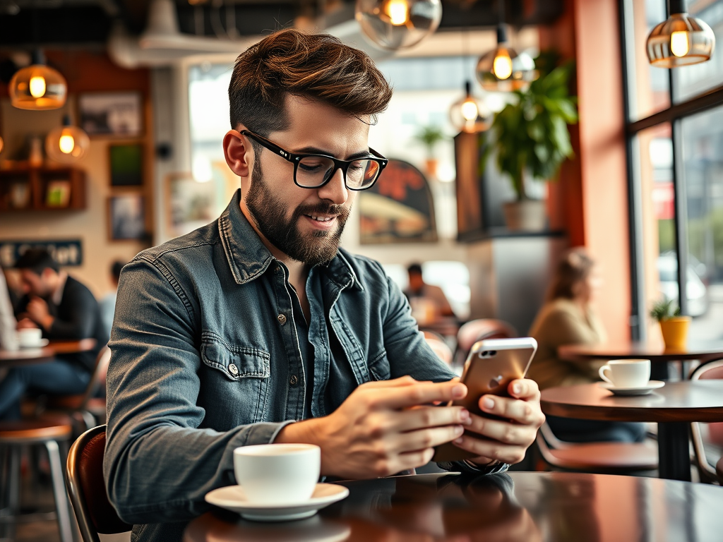 A young man with glasses smiles while using his smartphone at a cafe, a cup of coffee on the table.