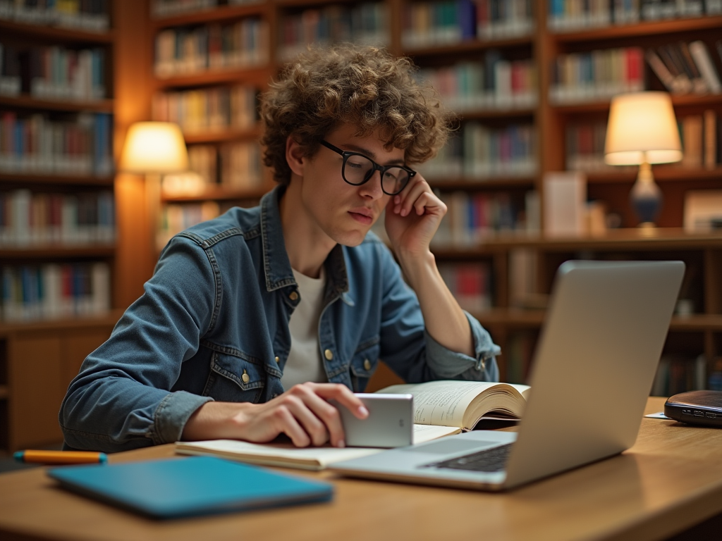 Young man studying intently with a laptop and book in a library.