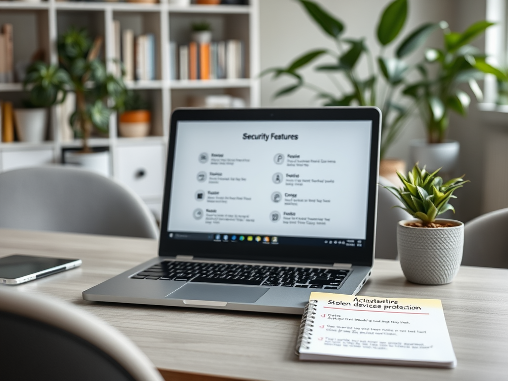 A laptop displays security features next to a notepad on a desk, accompanied by a small potted plant.