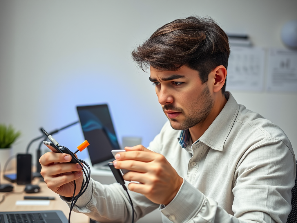 A young man examines various electronic cables and connectors, looking focused and slightly puzzled at his desk.