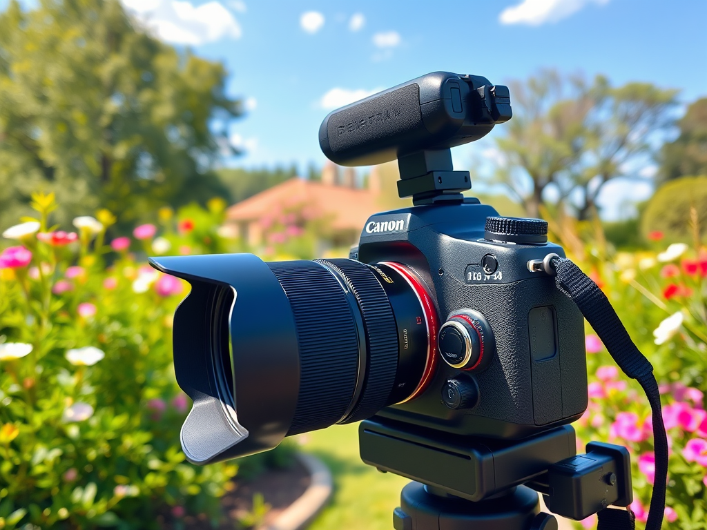 A Canon camera on a tripod, set against a vibrant garden backdrop filled with flowers and greenery.