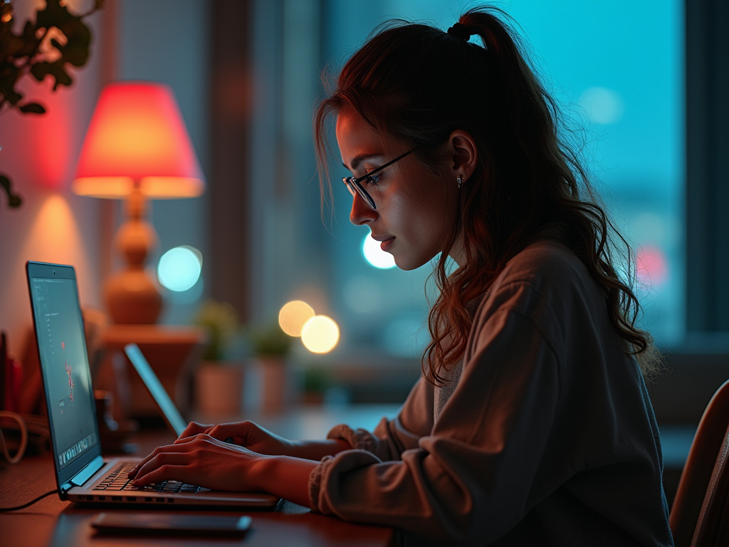 Woman working on laptop in cozy room with ambient lighting.