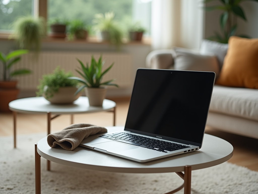 Laptop on a white coffee table with a brown blanket, in a cozy living room with plants and a couch.