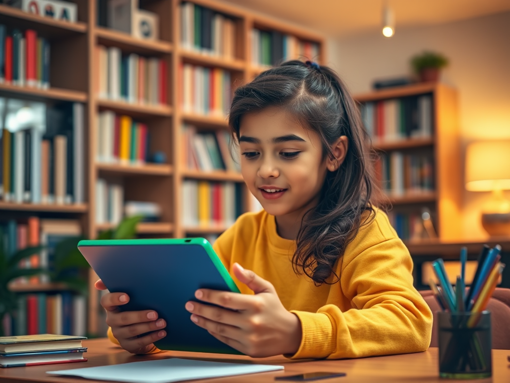 A young girl in a yellow sweatshirt smiles while using a tablet, surrounded by books and school supplies in a cozy library.