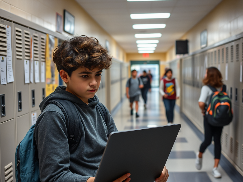 A student in a hoodie stands in a school hallway, focusing on a laptop as classmates walk by.