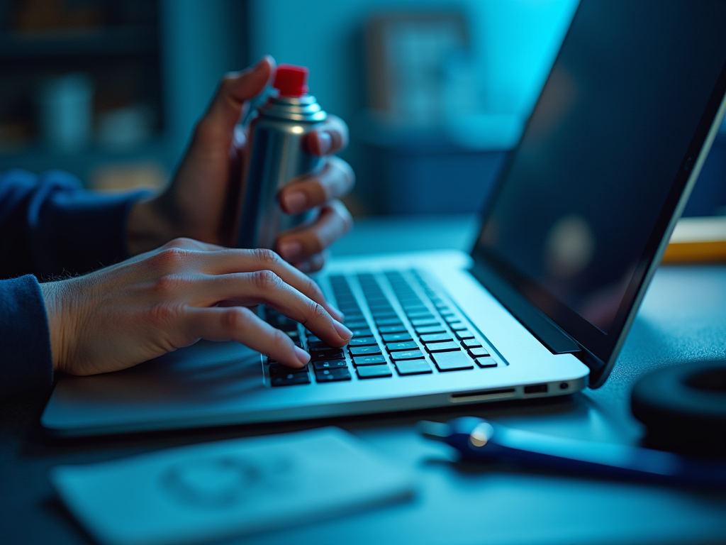 Person working on a laptop in a dimly lit room, holding a spray can.