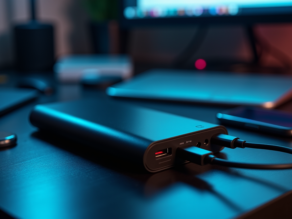 Portable external battery charging with cable on a tech-laden desk, ambient blue lighting.