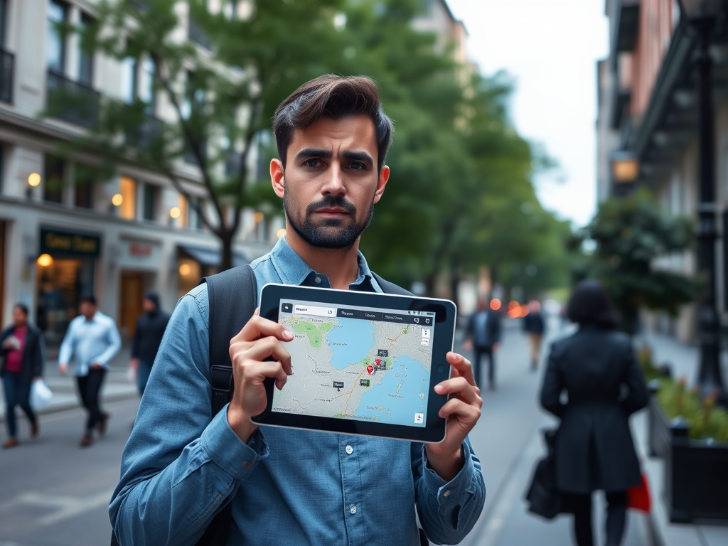 A young man holds a tablet displaying a map while standing on a busy street, looking confused or concerned.