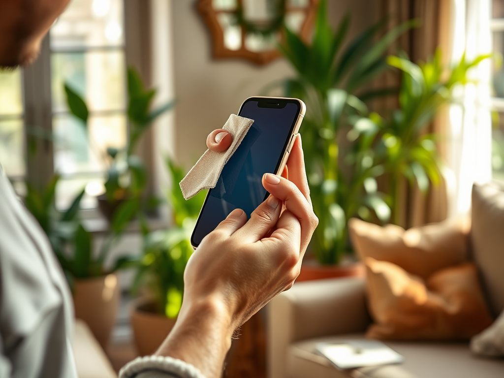 A person is cleaning a smartphone screen with a cloth in a bright, plant-filled room.