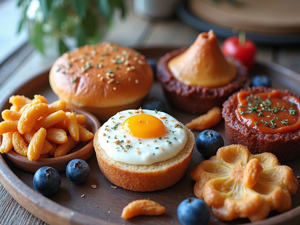 Assorted breakfast items including a burger bun, eggs, pastries, and fries on a wooden tray.