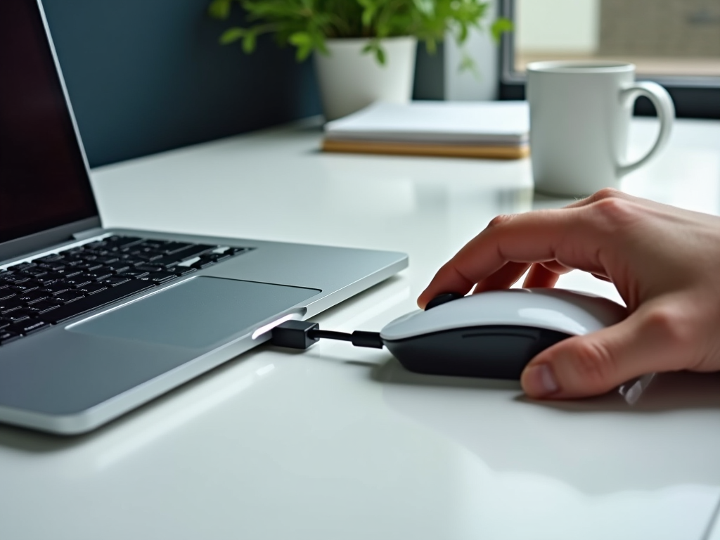 Close-up of a hand using a wired mouse next to a laptop on a white desk with a cup and plant.