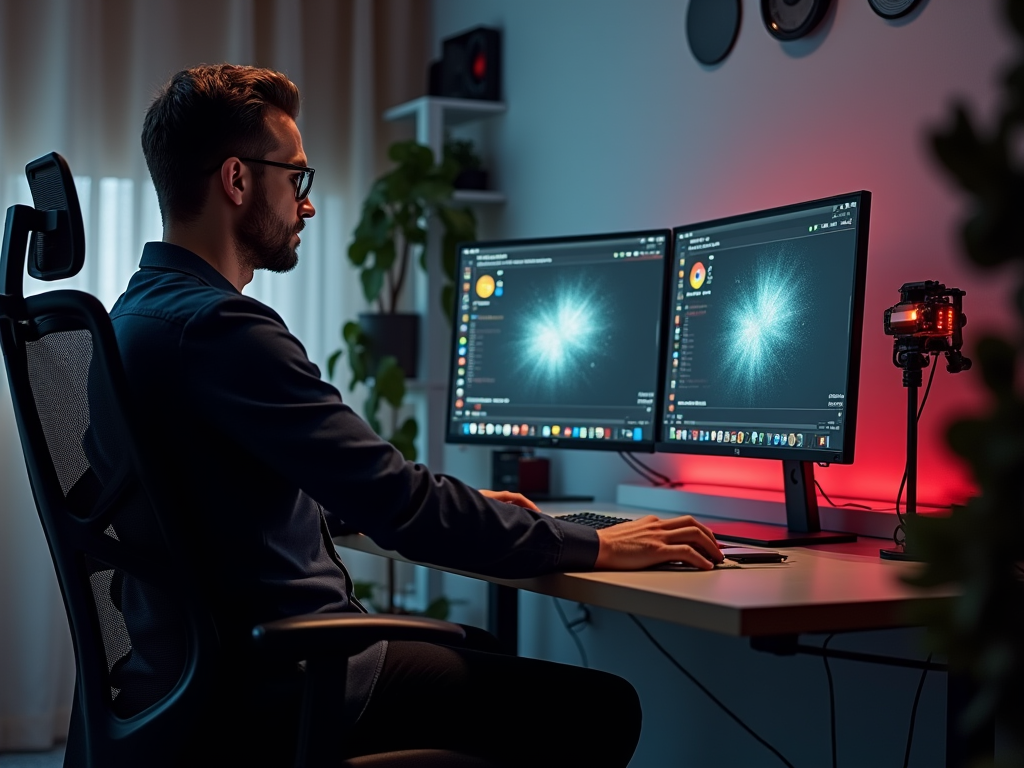 Man analyzing data on dual computer screens in a modern office at night.